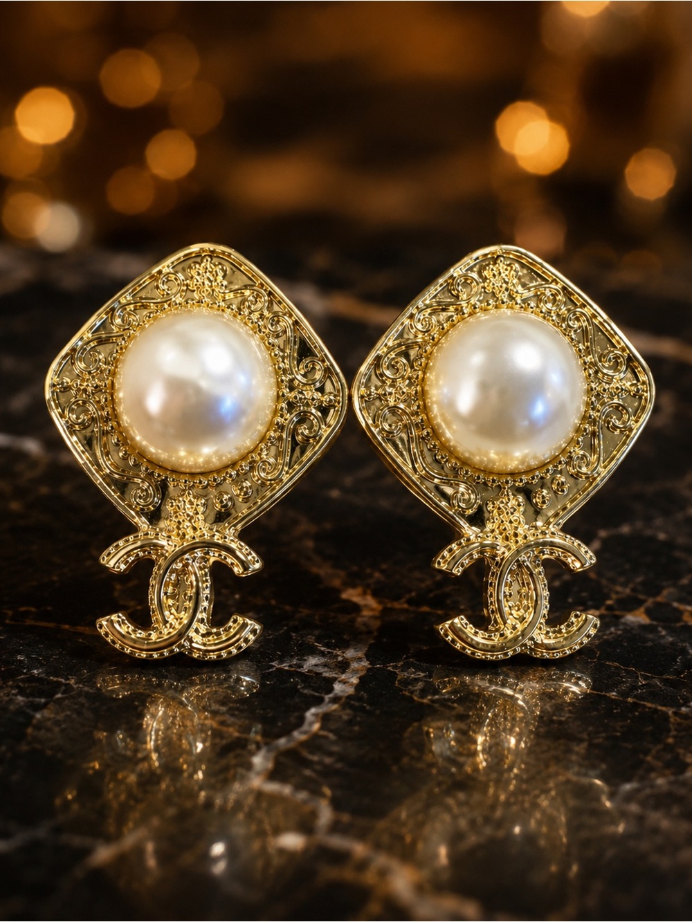 Gold Tone Pearl Statement Drop Earrings